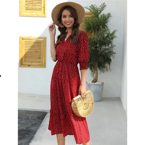 Rouge! Dresses & Skirts - Polka Dot Red Midi Dress V-Neck Half Sleeve